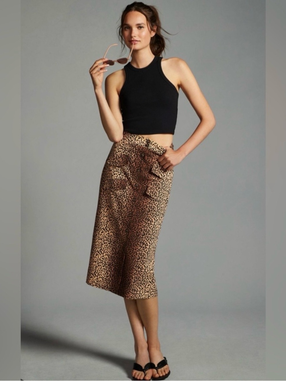 Gently used - Anthropologie Leopard Print A-Line Button-Front Skirt in Brown